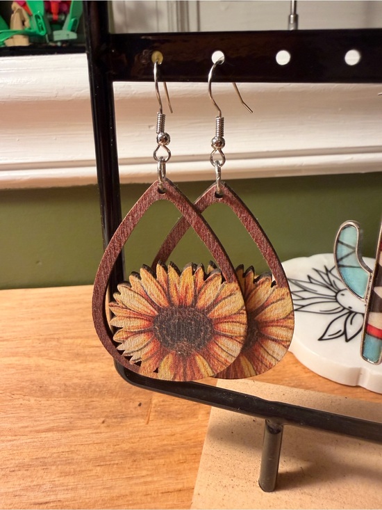 Jewelry - Sunflower Teardrop Wooden Earrings - Yellow Brown
